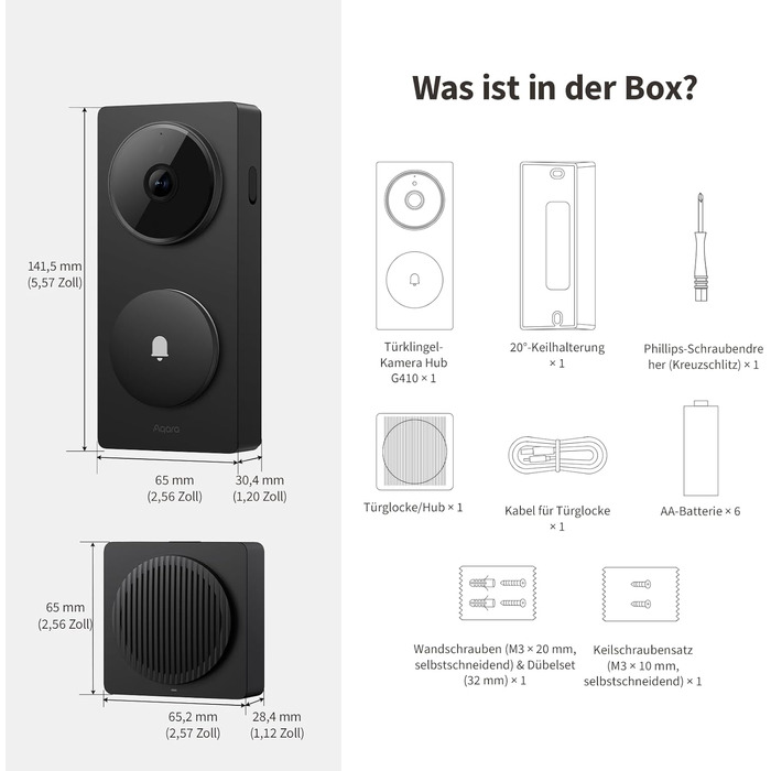 Aqara Smart Doorbell Camera G410 з дзвінком, 2K, відеоспостереження, 2-сторонній аудіо, Matter Hub, Wi-Fi, підтримка Apple Home, Google, Home Assistant (Чорний)