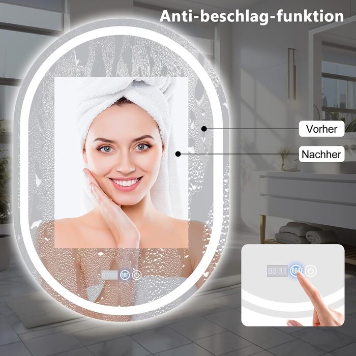 Дзеркало для ванної кімнати Trintion з підсвічуванням, 50x70 см, овальне, з годинником та сенсорним вимикачем, антизапотівальне, диммер, 3 кольори світла (3500K-6500K)