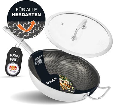 Вафельниця Moritz & Moritz з нержавіючої сталі 30 см з керамічним покриттям нового покоління - підходить для всіх типів плит - антипригарний вок з вафельною структурою для смаження, тушкування та варіння (з кришкою)