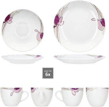 MamboCat Комплект посуду для кави та сніданку на 6 осіб, 18 предметів, біле порцелянове посуд з квітковим декором, 6 чашок 170мл, 6 підстаканників та тарілок