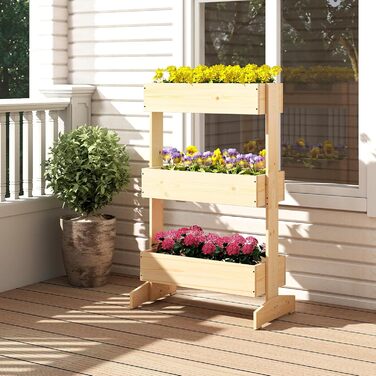 Вертикальна грядка COSTWAY з 3 ярусами, 6 контейнерами для квітів, дерев'яний ящик для тераси, балкона, саду 126x90x115 см (натуральне дерево)
