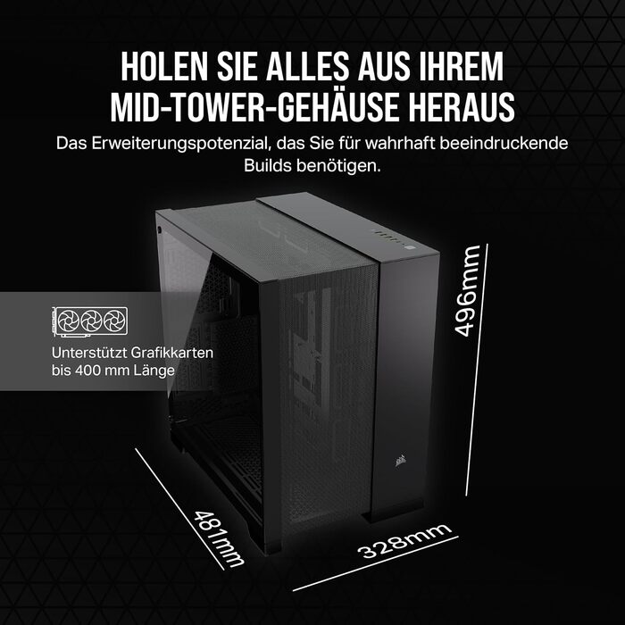 Корпус для ПК CORSAIR 6500D Airflow Mid-Tower ATX, двокамерний, без вентиляторів, чорний, підтримка реверсивних материнських плат, висока гнучкість охолодження