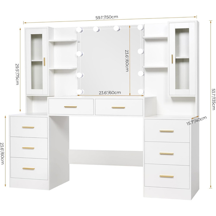 Великий туалетний столик ANWBROAD з LED-підсвіткою (3 кольори), розетками, дзеркалом та 8 висувними ящиками. Сучасний дизайн, колір - білий, розмір 150x135x40 см. Модель BDT67W