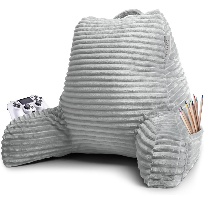 Крісло-лежак Clara Clark для дорослих - спинка для сидіння в ліжку, стандартна плюшева подушка для ліжка, подушка з подрібненим пінополіуретаном з підлокітниками та кишенями, сріблясто-сірий колір