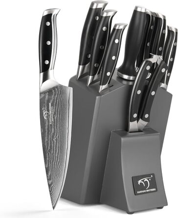 Набір кухонних ножів NANFANG BROTHERS 9 предметів з дамаської сталі, з дерев'яним блоком, нержавіюча сталь, сірий