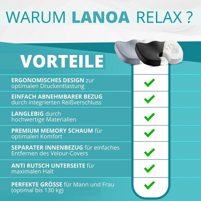 Ергономічна подушка для сидіння з піни з ефектом пам'яті LANOA Relax - ортопедична подушка для куприка для офісу та домашнього офісу