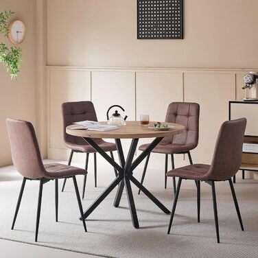 Обідній комплект на 5 персон: круглий стіл 100 см та 4 стільці (голландський фліс). Підходить для кухні, вітальні, балкону, ресторану, офісу. Темне дерево + світле дерево (темно-коричневий)