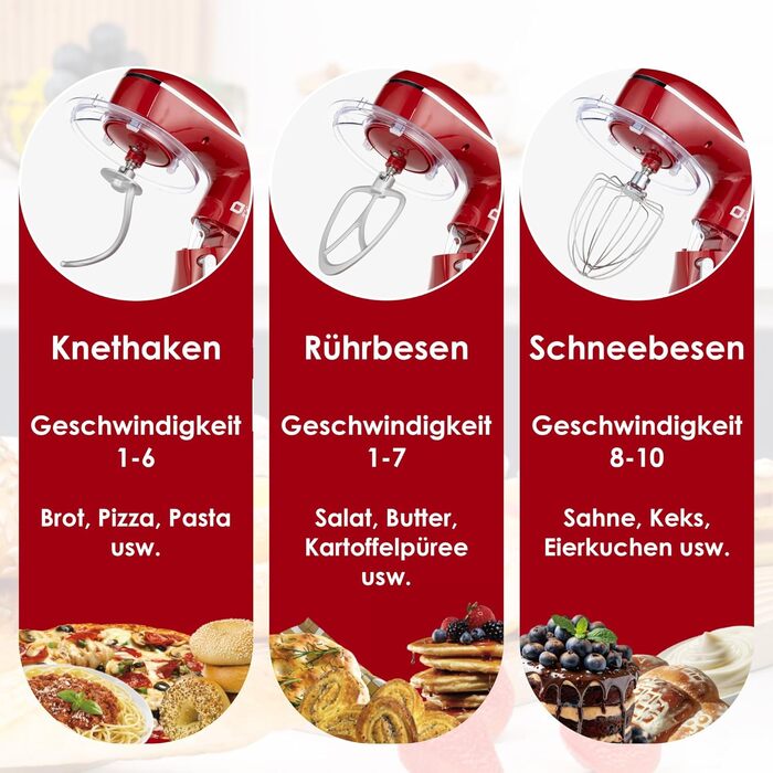 Кухонна машина Kitchen in the box 6L з 2 чашами по 3.5L, 10 швидкостей, з гаками для тіста, вінчиками та вінчиком для збивання (червона)