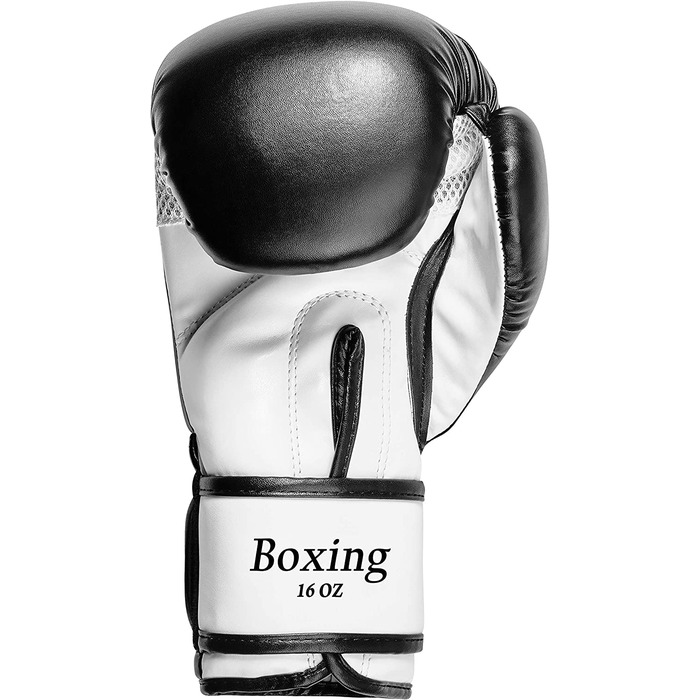 Рукавички для боксу Bad Company зі штучної шкіри з системою вентиляції і широким боксерським ремінцем на липучці в різних колірних поєднаннях для тренувань з боксу, спарингу і кікбоксингу I Вагова категорія 10 унцій - 16 унцій 10 унцій (унцій) чорно-білий