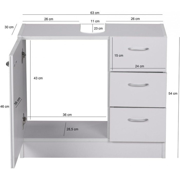 Тумба під умивальник 54x63x30 см біла, 1 дверцята, 3 ящика, виріз сифона