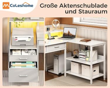 Комп'ютерний стіл кутовий Coleshome з шухлядами, 195x100 см, з розеткою, LED-підсвіткою та підставкою для монітора, реверсивний, з полицею для офісу