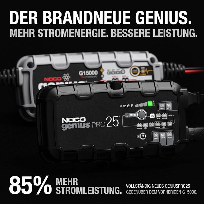 NOCO GENIUSPRO25: Професійне зарядне пристрій для акумуляторів 25A, 6V/12V/24V – Інтелектуальний зарядний пристрій, десульфатор та блок живлення з захистом від перевантаження та температурною компенсацією – Для свинцево-кислотних та літієвих акумуляторів