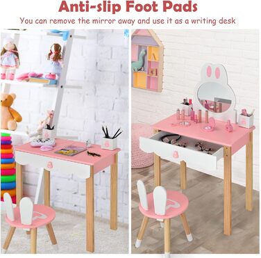Дитячий туалетний столик LIFEZEAL 2 в 1 з дзеркалом та табуретом, рожевий, з шухлядами