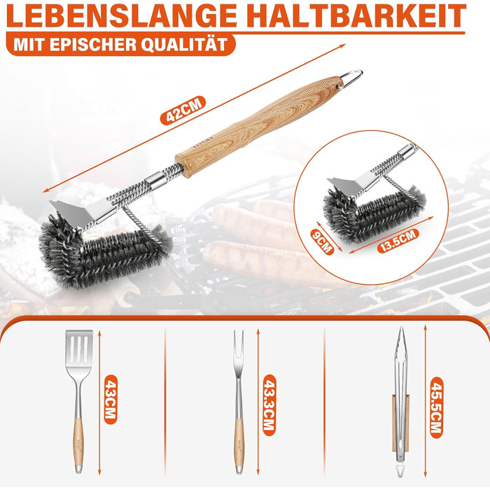 Набір гриля TIVOLI 4-частини з нержавіючої сталі з дерев'яними ручками: щипці, лопатка, щітка, виделка. Ідеальний подарунок для гриля та барбекю.