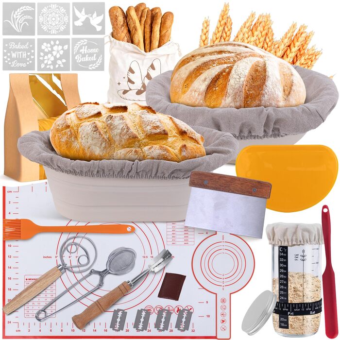 Набір для закваски хліба: 22см круглий та 23см овальний кошик для підйому тіста, скляна тара для закваски, аксесуари для випічки для початківців та хобі-пекарів, великий подарунковий набір для випічки