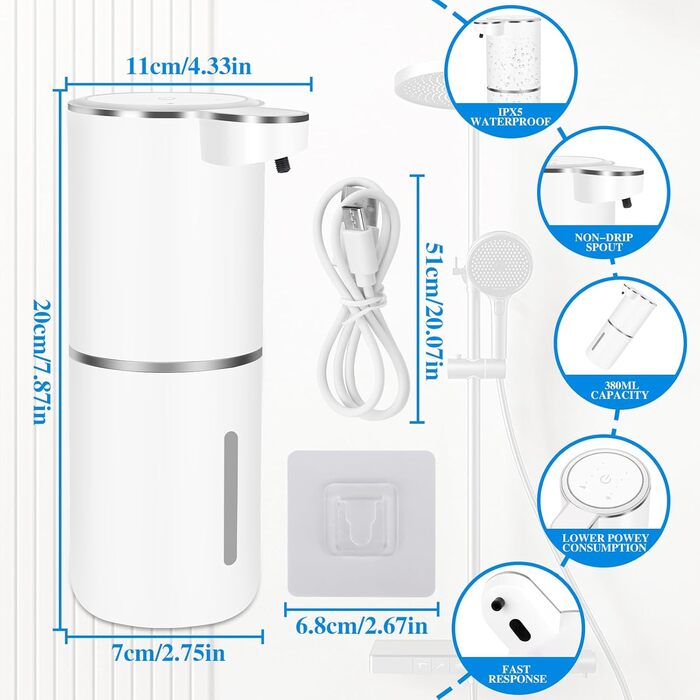 Автоматичний настінний дозатор мила з інфрачервоним датчиком, 380 мл, USB, для ванної кімнати/кухні/офісу