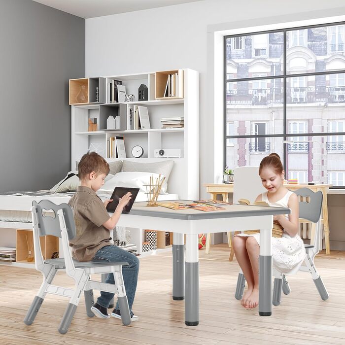 Дитячий стіл зі стільцями, регульована висота, 3 частини, пластиковий стіл-парта для дитячої кімнати, 80x60 см