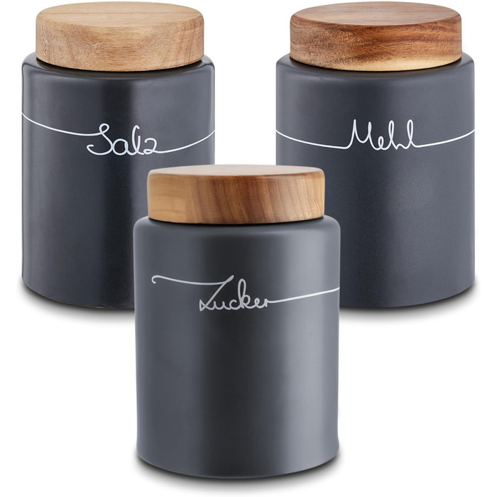 Набір контейнерів для картоплі, цибулі та часнику KHG, 3 шт., кераміка, бамбукові кришки, сірий антрацит, об'єм 3 л та 1,5 л (для борошна, солі, цукру)