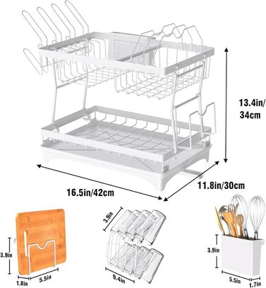 Рівнева сушарка для посуду з нержавіючої сталі, з тримачем для обробної дошки, підстаканником (білий), 2-