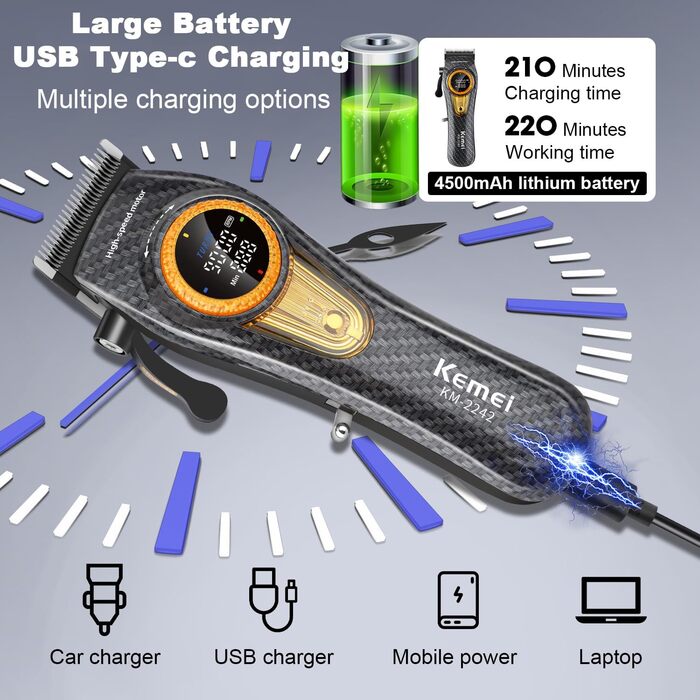 Професійні акумуляторні машинки для стрижки волосся KEMEI 2242, леза DLC, 5000-9000 об/хв, акумулятор USB