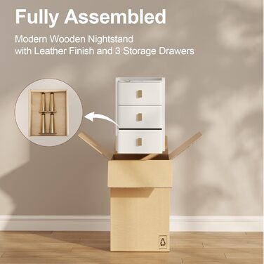 Нічний столик AQIMUELE, білий, з 3 шухлядами, 30 см, без встановлення, з екошкірою