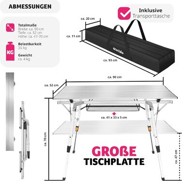 Кемпінговий стіл Tectake, розкладний стіл з алюмінію, розкладний кемпінговий стіл, дорожній стіл, розкладний садовий стіл, стійкий до погодних умов, стільниця, що згортається, регульовані по висоті ніжки, сумка для перенесення, 90 x 52 см - срібло