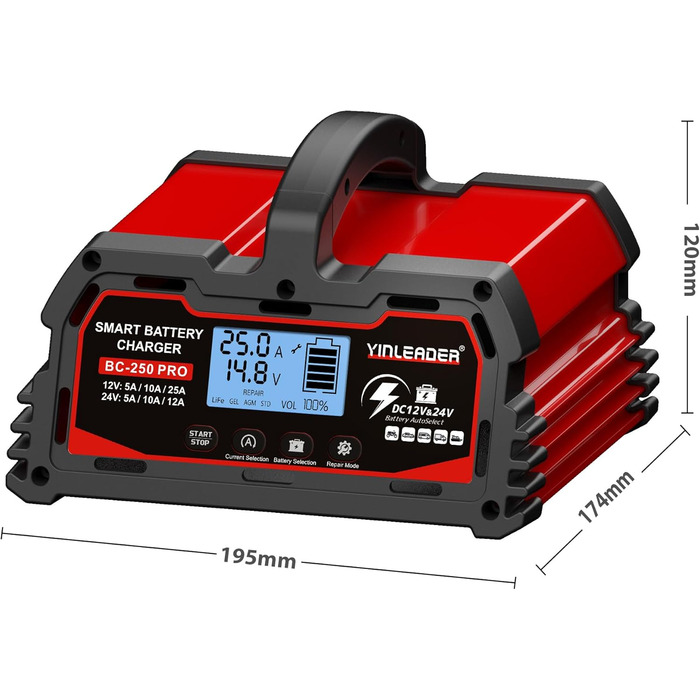 Зарядний пристрій для акумулятора 25A 12V/24V - Автоматичний зарядний пристрій для акумулятора з LCD-дисплеєм, підходить для LiFePO4 акумуляторів