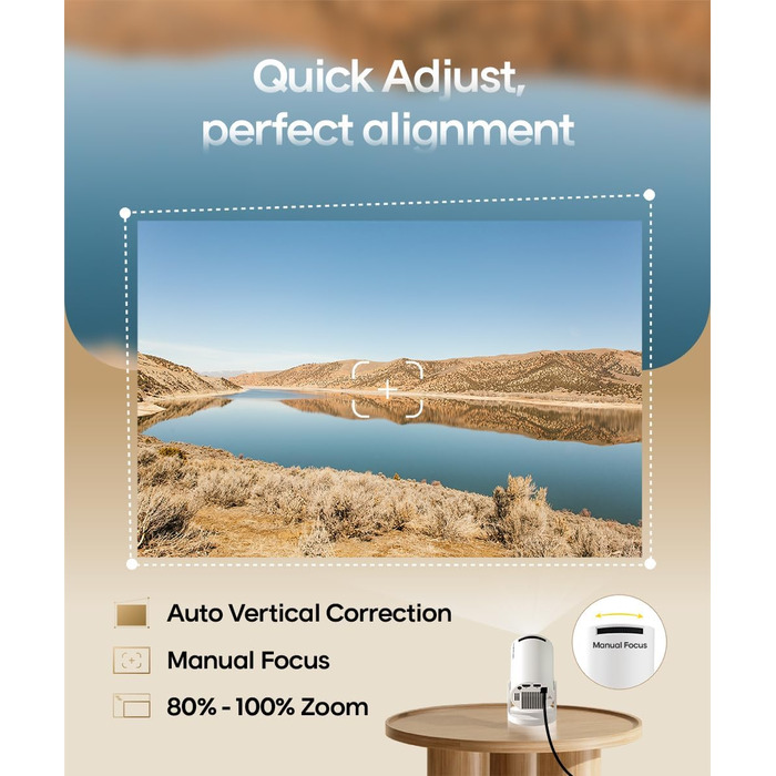 Міні-проектор Alwtniet 4K з Wi-Fi 6, Bluetooth 5.4, 5W динаміком, автоматичною корекцією трапецеїдальних спотворень, поворотним на 180°, портативний для дому та вулиці, Android 11 (ручний фокус)