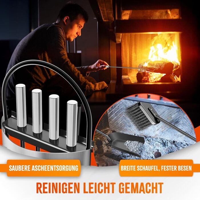 Набір камінне приладдя KESSER® 5 предметів | Сучасний дизайн, з покриттям, високоякісна камінна гарнітура | Besen, Schaufel, Schürhaken, Zange, Ständer mit Sichtschutz Edelstahl (Silver)