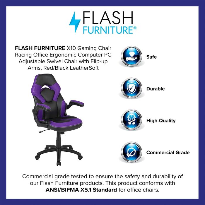 Ігрове крісло Flash Furniture X10, гоночний дизайн, ергономічне, регульоване, складні підлокітники, фіолетовий/чорний