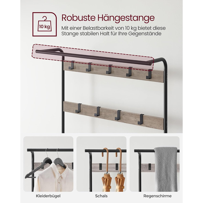 Стійка для одягу VASAGLE з полицею для взуття, 4-в-1, 9 знімних гачків, штанга для одягу, для передпокою, 33.7 x 72 x 183 см, індустріальний дизайн, горіхово-чорний колір