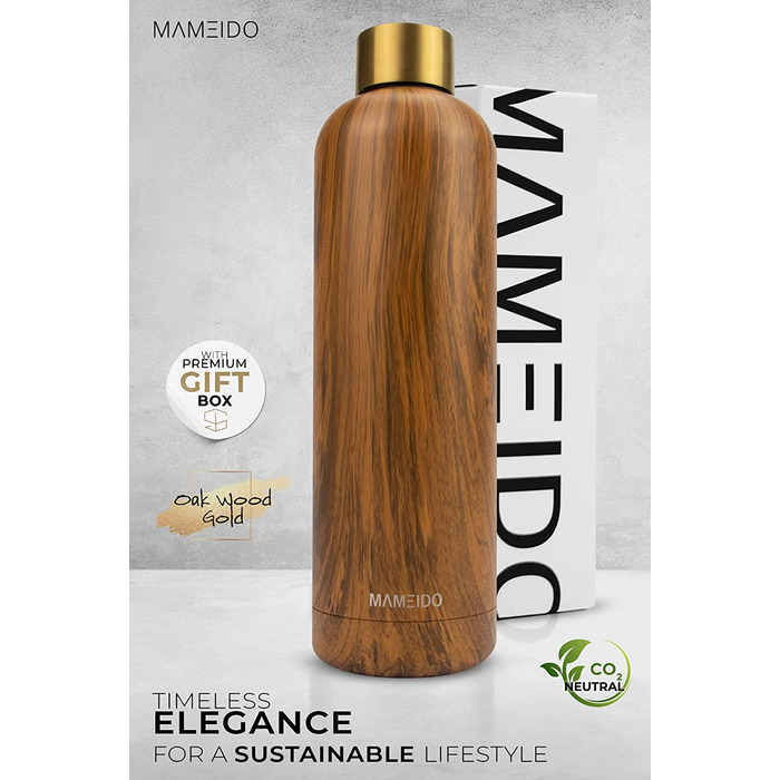 Пляшка для пиття MAMEIDO з нержавіючої сталі, 1 л, з дубового дерева, з золотим покриттям, герметичний термос, пляшка для води, що не містить бісфенолу А, ізольована пляшка, для пиття