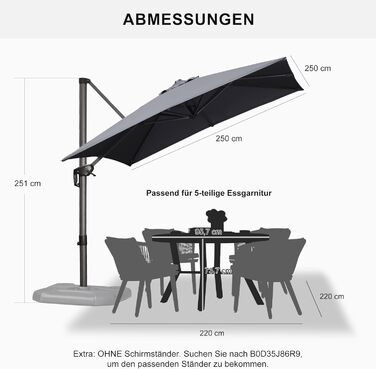 Парасолька від сонця PURPLE LEAF 250x250 см, велика підвісна парасолька-ампел з рукою-коханцем, поворотом на 360° та хрест-підставкою для тераси та балкона, сіра