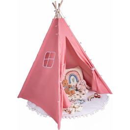 Дитяче намету для ігор | Ігровий намет-тіпі для дівчаток та хлопчиків, 140 x 120 см, бавовняна тканина з зірками, килимок в комплекті (Pink Blush)