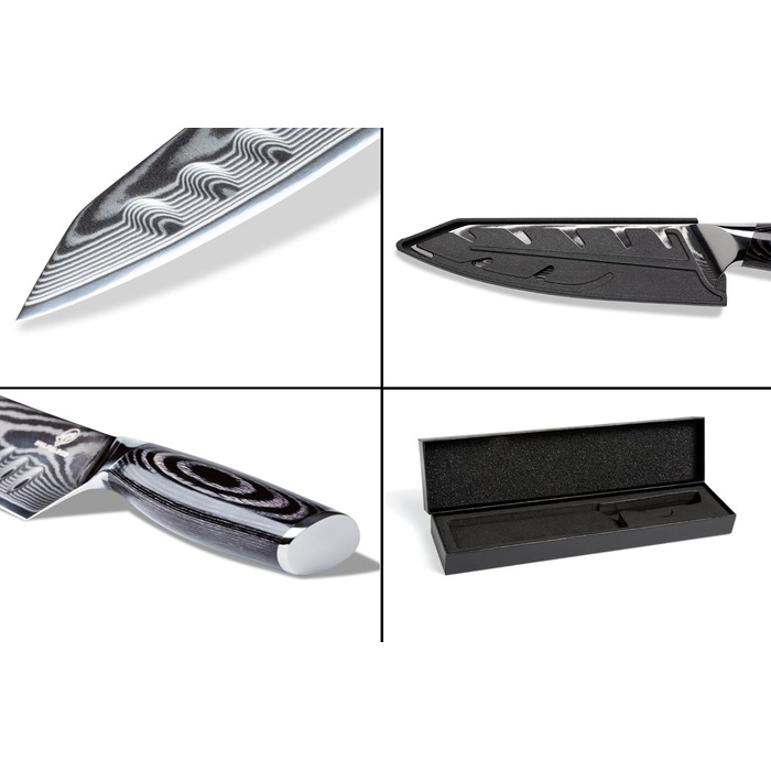 Кухонний ніж Wolfblood PRO Damast XL (33 см) з дамаської сталі 67 шарів, преміум-якість, для професійних кухарів, з дерев'яною ручкою, подарункова коробка, захист леза, сертифікований TÜV, 62 HRC