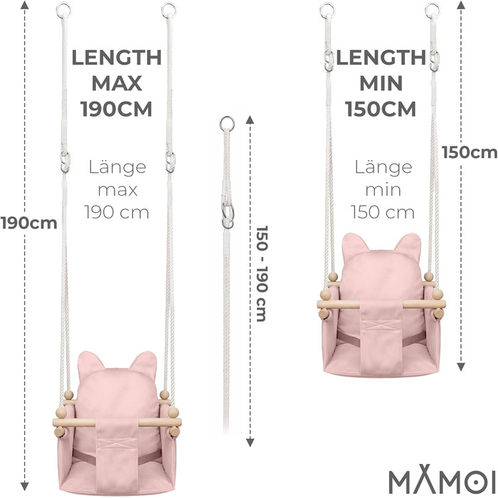 Дитяча гойдалка-колиска MAMOI з ременем безпеки, регульована висота 150-190 см, рожева. Гойдалка для дому, міцна конструкція, м'яке сидіння, легкий монтаж