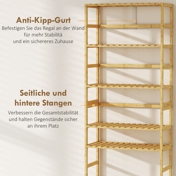 Стелаж з 6 полицями з бамбука, регульовані полиці, окремо стоячий стелаж для зберігання, натуральне дерево