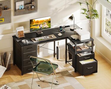 Комп'ютерний стіл Coleshome L-подібний з висувними ящиками з тканини, USB-порт та розетка, для дому та офісу (Чорний, 140x70 см)