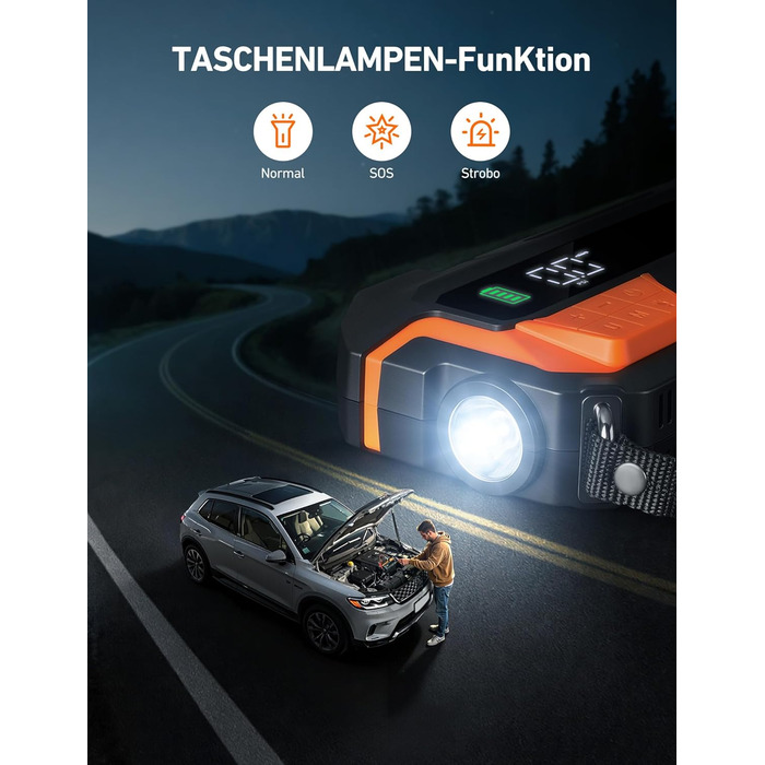 Powerbank AstroAI MF16 6000A з компресором 150PSI: старт для авто, мото, SUV (12V, 10L бензин/8L дизель), LED-дисплей, помаранчевий