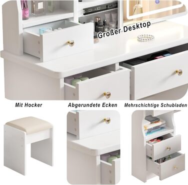 Дзеркальний туалетний столик DATO з LED-підсвічуванням, 3 колірні температури та регулюванням яскравості, з пуфом, 5 шухляд та 3 полиці, з розсувним дзеркалом (T68)