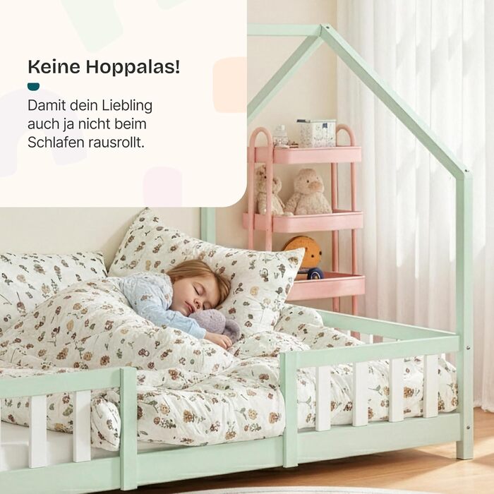 Дитяче ліжко Sisimiut Hausbett Montessori від en.casa з бар'єром безпеки. Дерев'яне ліжко для дітей, ліжко-платформа, сосна, світло-сірий/білий, 140 x 200 см (без матрацу)