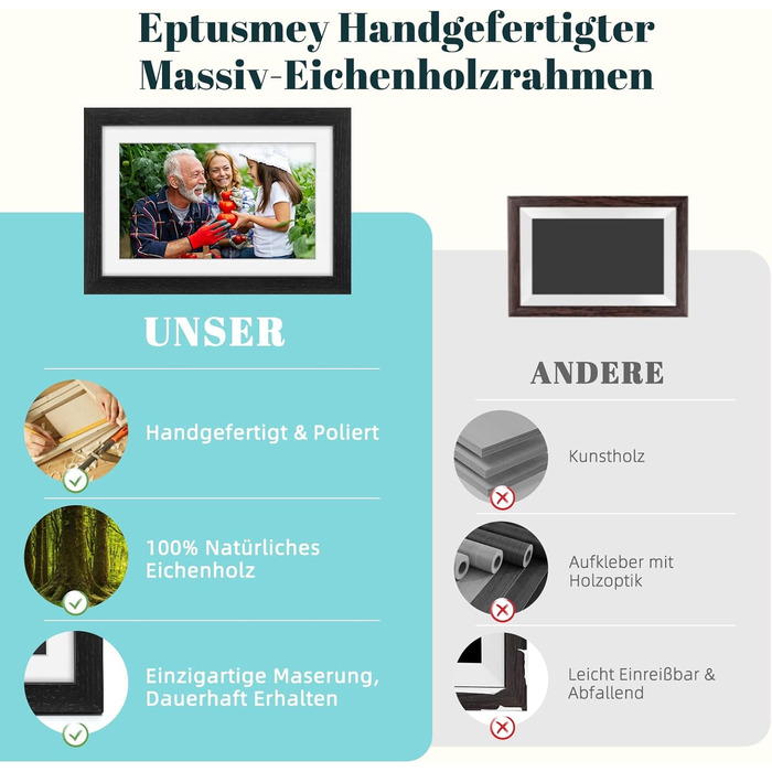 Frameo Цифровий фоторамка з Wi-Fi, 10.1 дюйма, горіх, 32GB, HD IPS сенсорний екран, відтворення фото/відео через додаток Frameo, подарунок для чоловіків та жінок