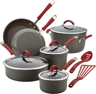Набір посуду Rachael Ray Cucina Harteloxiertes Antihaft з антипригарним покриттям, з нержавіючої сталі, сірий з червоними ручками
