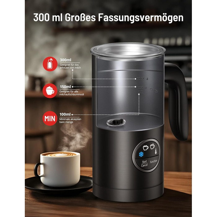 Електричний спінювач молока PARIS RHÔNE 4-в-1, 300 мл, індукція, антипригарне покриття, бездротовий, для гарячого та холодного молока (чорний)