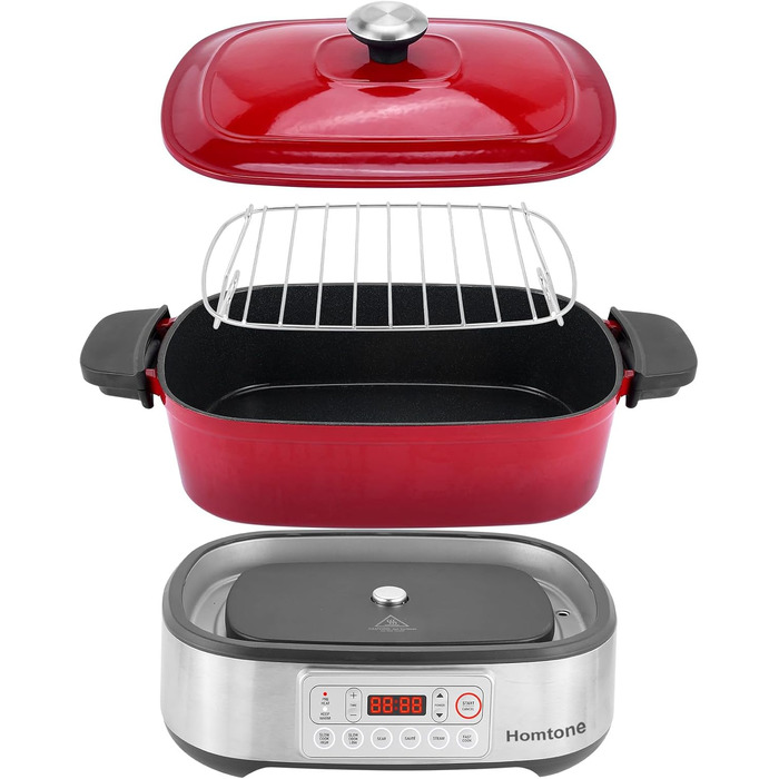 Мультиварка Homtone 6-в-1, 5.5L з керамічним покриттям, червона. Повільне приготування, смаження, варіння на пару