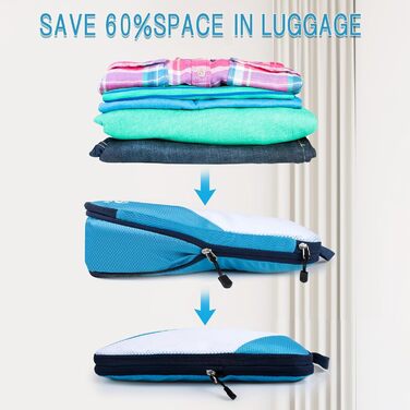 Набір компресійних органайзерів для одягу в подорожі AiQInu, 5 шт. (з мішком для прання та взуття), ультралегкі розширювані пакувальні куби для валізи та ручної поклажі, небесно-блакитний