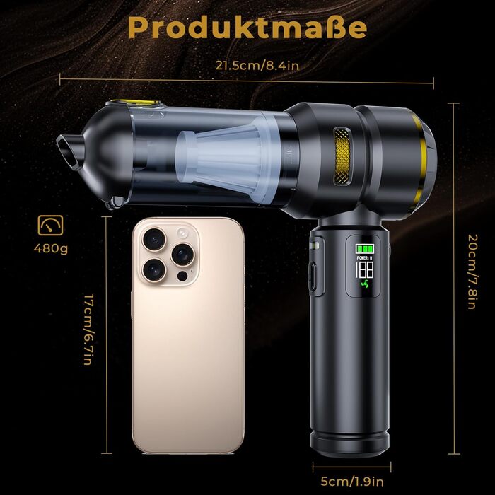 Акумуляторний ручний пилосос HOVIN для авто та дому, потужність 24000 Па, 3 режими роботи, бездротовий, чорно-золотий