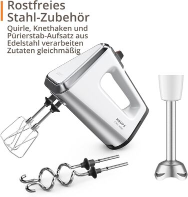 Міксер ручний Krups 3 Mix 9000, 750 Вт, білий/сріблястий (GN9121) - з насадками для збивання, тіста та пюре