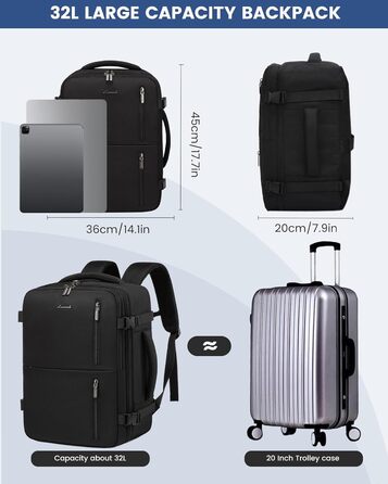 Рюкзак LOVEVOOK для ручної поклажі 40x30x20, 45x36x20, 24л, для ноутбука 14/15.6 дюймів, з USB, чорний, для подорожей та роботи