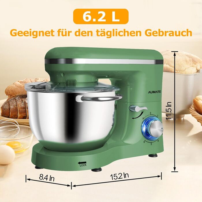 Кухонна машина AUMATE 1400W, 6.2 л, оливковий, з міксером та гаками для тіста